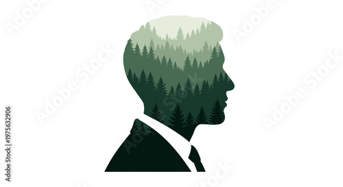 A double exposure image showing a man's silhouette filled with a dense forest of green pine trees, symbolizing connection between mind and nature.