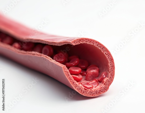 Cross-section of a blood vessel showing red blood cells flowing through. Microscopic view of artery or vein with red corpuscles. Healthy circulatory system concept.