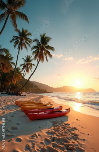 Kayaks wait on sandy beach near palm trees. Ocean waves lap shore at sunset with warm golden light. Tropical island paradise, perfect for vacation and water sport activities.