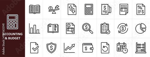 Accounting and Budget Line Icon Set, Minimalist Financial Bookkeeping and Business Management Vector Illustration for Audit, Banking, and Investment UI/UX