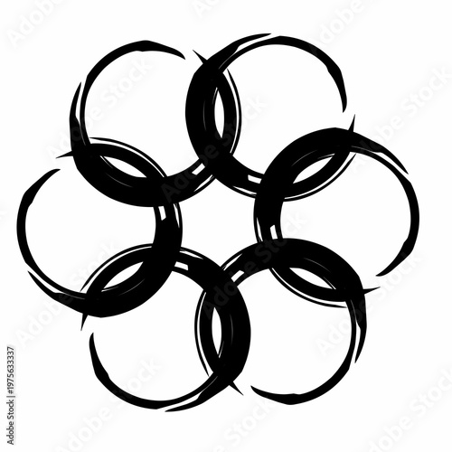 Abstract circular pattern created with bold black brush strokes forming a symmetrical design. Minimalist ink illustration suitable for logo, tattoo, decorative, and modern art concepts.