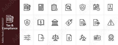 Tax and Compliance Line Icon Set - Minimalist Legal and Financial Audit Vector Illustrations