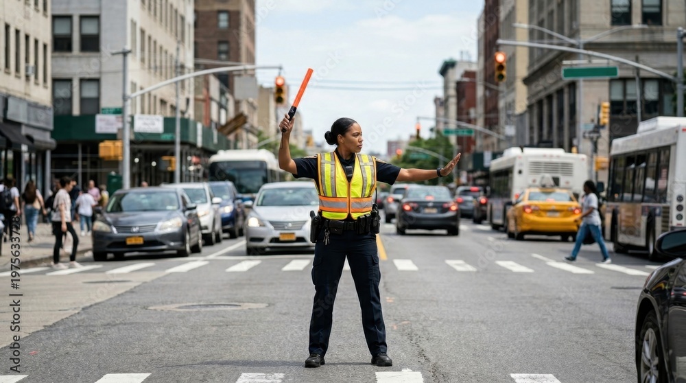 Fototapeta premium Female traffic controller directing cars and pedestrians on a busy urban street with reflective wands, ensuring smooth flow and public safety in a bustling city.