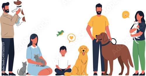 People with Dogs Cartoon Illustration Set Featuring Pet Owners Caring Training Playing and Bonding with Dogs in Everyday Lifestyle Scenes Collection
