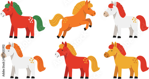 Cute Cartoon Horse Character Set Featuring Different Colors Poses and Expressions with Adorable Farm and Pony Illustration Collection