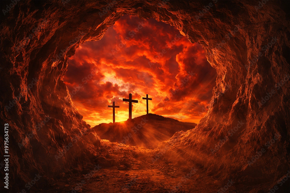 Obraz premium An empty tomb looks out at three crosses on a hill during a radiant sunset.