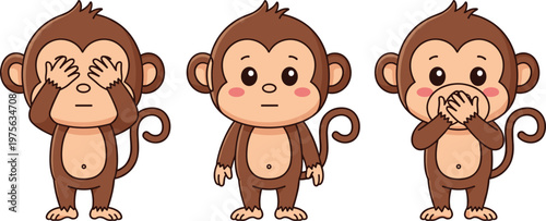 Cute Cartoon Monkey Character Set Showing See Hear Speak No Evil Poses with Adorable Expressions Primate Illustration Collection