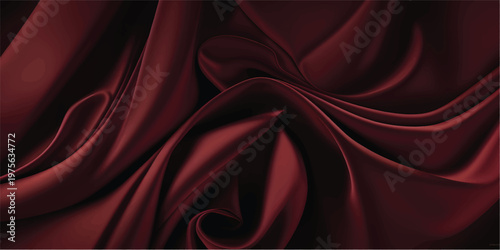 Luxury burgundy silk fabric with velvet texture and elegant flowing waves. Rich crimson material draped for fashion or interior design. Smooth satin surface with deep red color and soft shadows.
