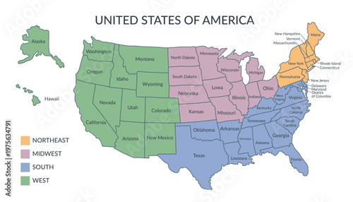 A detailed political map of the United States of America with a statistical and geographical division of the states. Vector flat clipart.