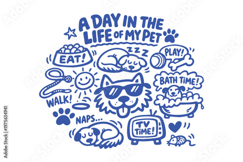 Cute Dog Daily Routine Doodle Vector Illustration