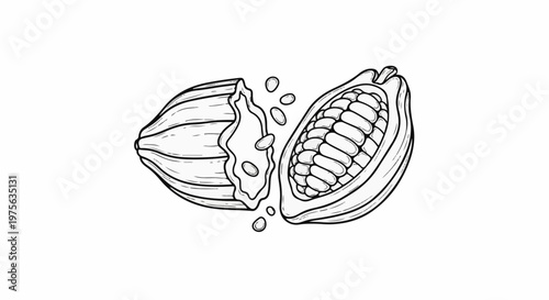 Detailed black and white sketch of a split cocoa pod with beans