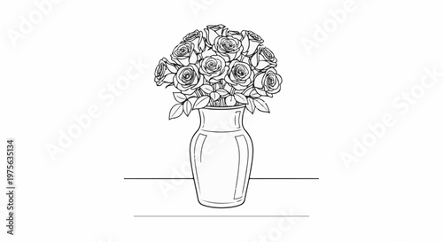 Detailed line art drawing of a voluminous bouquet of roses in a classic vase