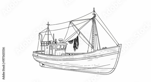 Detailed line drawing of a fishing boat with rigging and nets