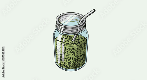 Glass jar with metal lid and straw filled with green herbs