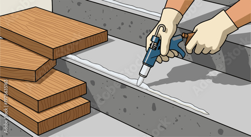 Hands in gloves apply sealant to a concrete surface next to wood planks