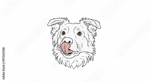 A charming sketched portrait of a dog with its tongue out, looking
