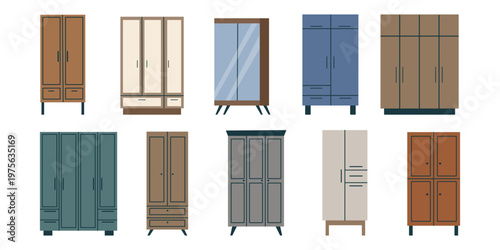 Collection of different wardrobes isolated on white background. Vector flat furniture cliparts. Concepts of home, interiors, bedroom, furniture.