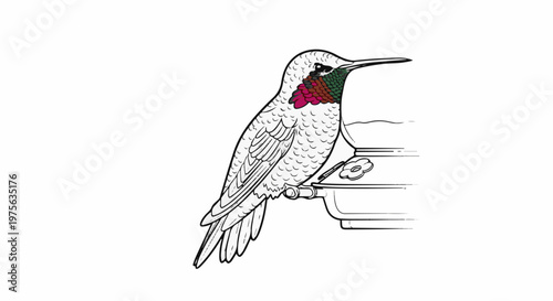 Line drawing of a colorful hummingbird perched on a feeder