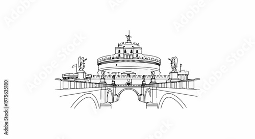 Ornate bridge leads to a cylindrical fortress with angelic statues