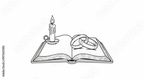 Open book with lit candle and intertwined rings