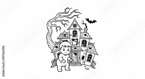 A cute baby stands before a spooky, dilapidated haunted house with a bat flying