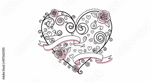 Ornate heart with roses, swirls, and banners on white