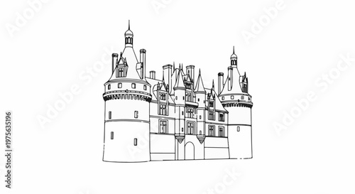 Ornate, multi-turreted chateau with steep roofs and decorative chimneys