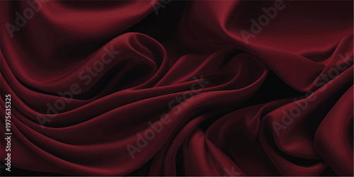 A flowing red silk background features soft satin waves and a dark velvet texture, creating an abstract drapery design ideal for a theater stage backdrop or elegant wallpaper illustration