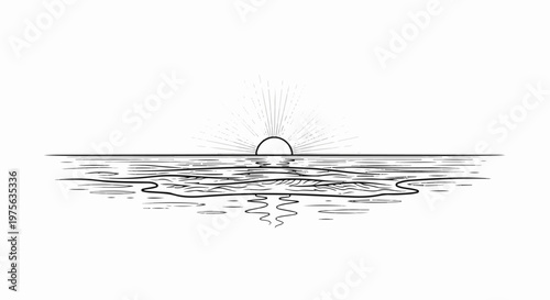 A simple black and white line drawing of a sun setting over calm ocean waves