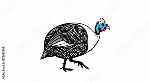 Stylized black and white guinea fowl with blue and red face details