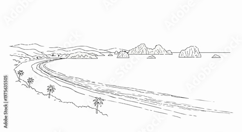 A sweeping coastline features rolling hills, a curved beach, and rocky sea stacks