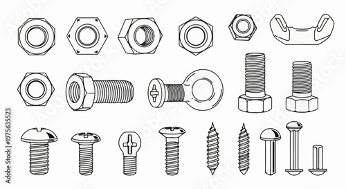 A technical illustration of assorted bolts, nuts, screws, and fasteners