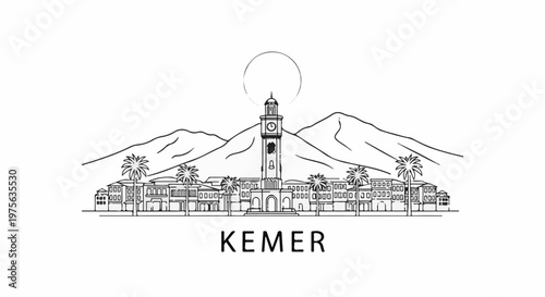 Stylized line drawing of a coastal town with a prominent clock tower and mountains