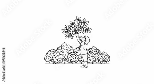 A child reaches up to pick berries from a bush in a garden