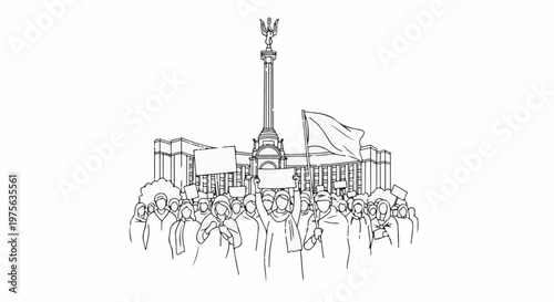 A crowd protests in front of a grand building with a monument and flags