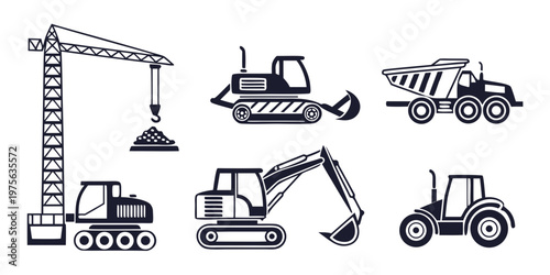 Various construction vehicles and heavy machinery equipment