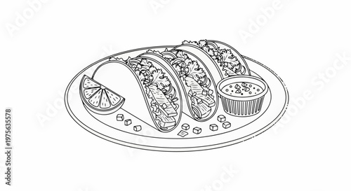 A line drawing shows three loaded tacos with a lime slice and a dipping sauce