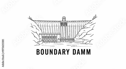 Stylized line art illustration of a large dam with a water intake structure and reservoir