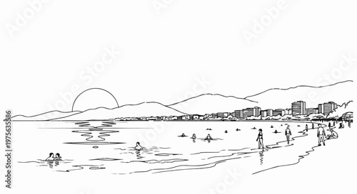 A scenic shoreline with people enjoying the water and beach under a setting sun