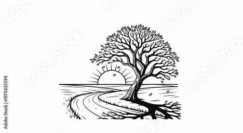 Stylized tree with visible roots beside a winding road at sunrise