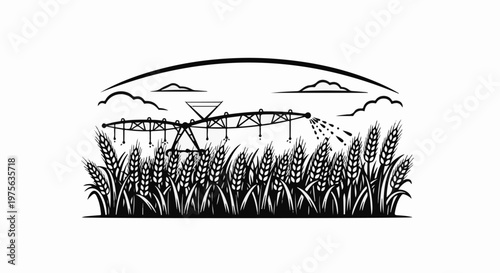 Agricultural irrigation system watering a field of wheat under a cloudy sky