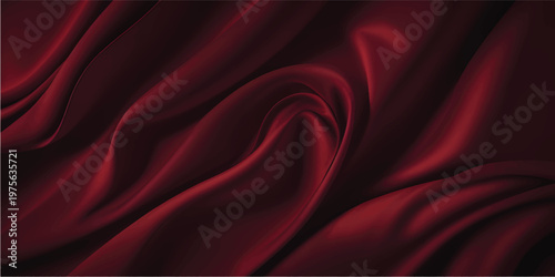 Luxurious red silk and satin fabric background featuring smooth flowing waves of soft textile texture with elegant curves and light patterns for a decorative luxury cloth backdrop illustration