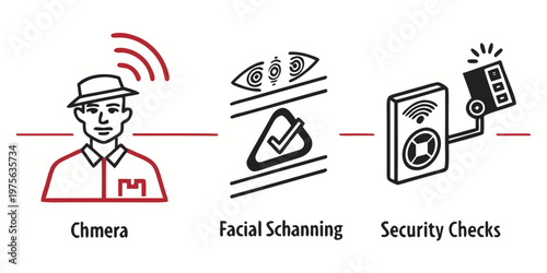 Person demonstrating a camera, facial scanning and security checks