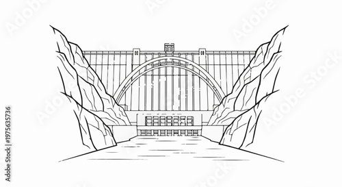 Architectural line drawing of a grand dam nestled between steep, craggy cliffs