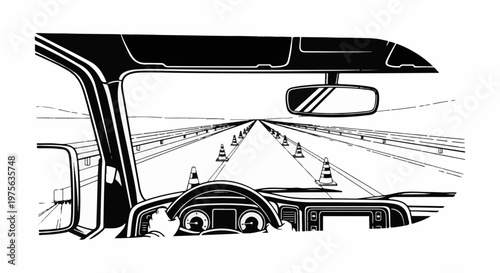 POV from inside a truck, driving on a road with traffic cones