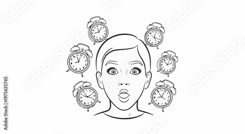 A surprised face with multiple alarm clocks surrounding it