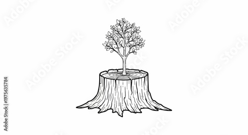 Black and white sketch of a small tree growing from a large tree stump