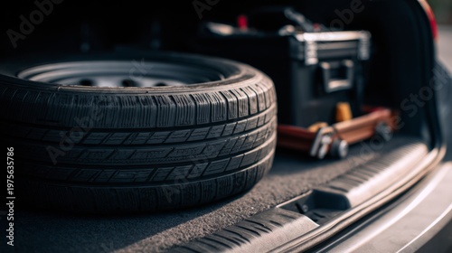 Close-up of a spare tire stored neatly in a vehicle trunk alongside a toolbox and other automotive tools, showcasing the organized interior of the car's storage space