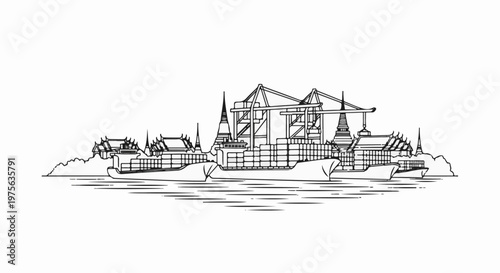 cargo ships docked at port with cranes and ornate buildings