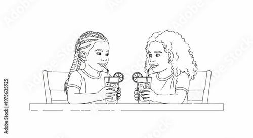Two girls with braided and curly hair drink from glasses with straws and lemon slices